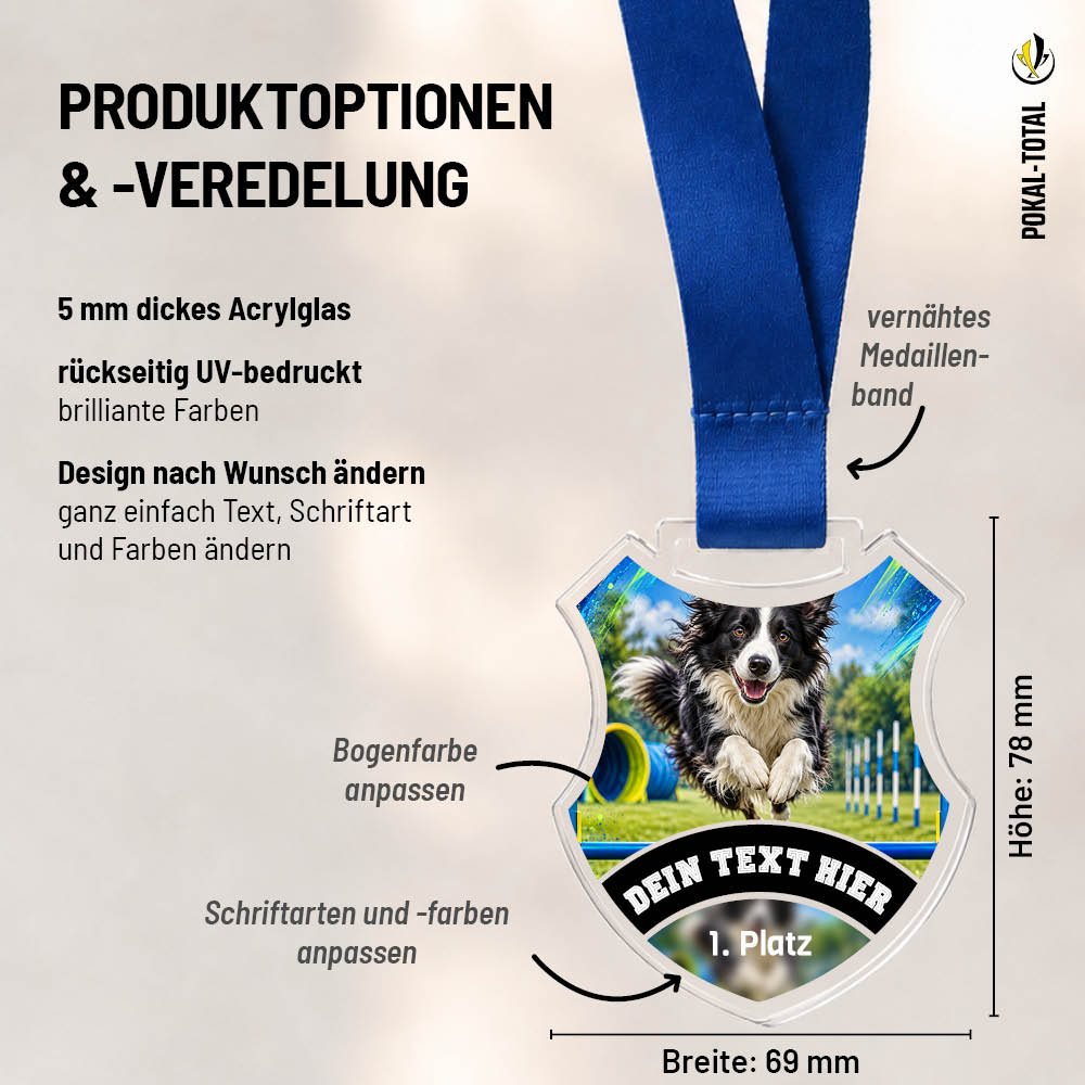 Maßübersicht der Wappen Medaille Agility mit Border Collie
