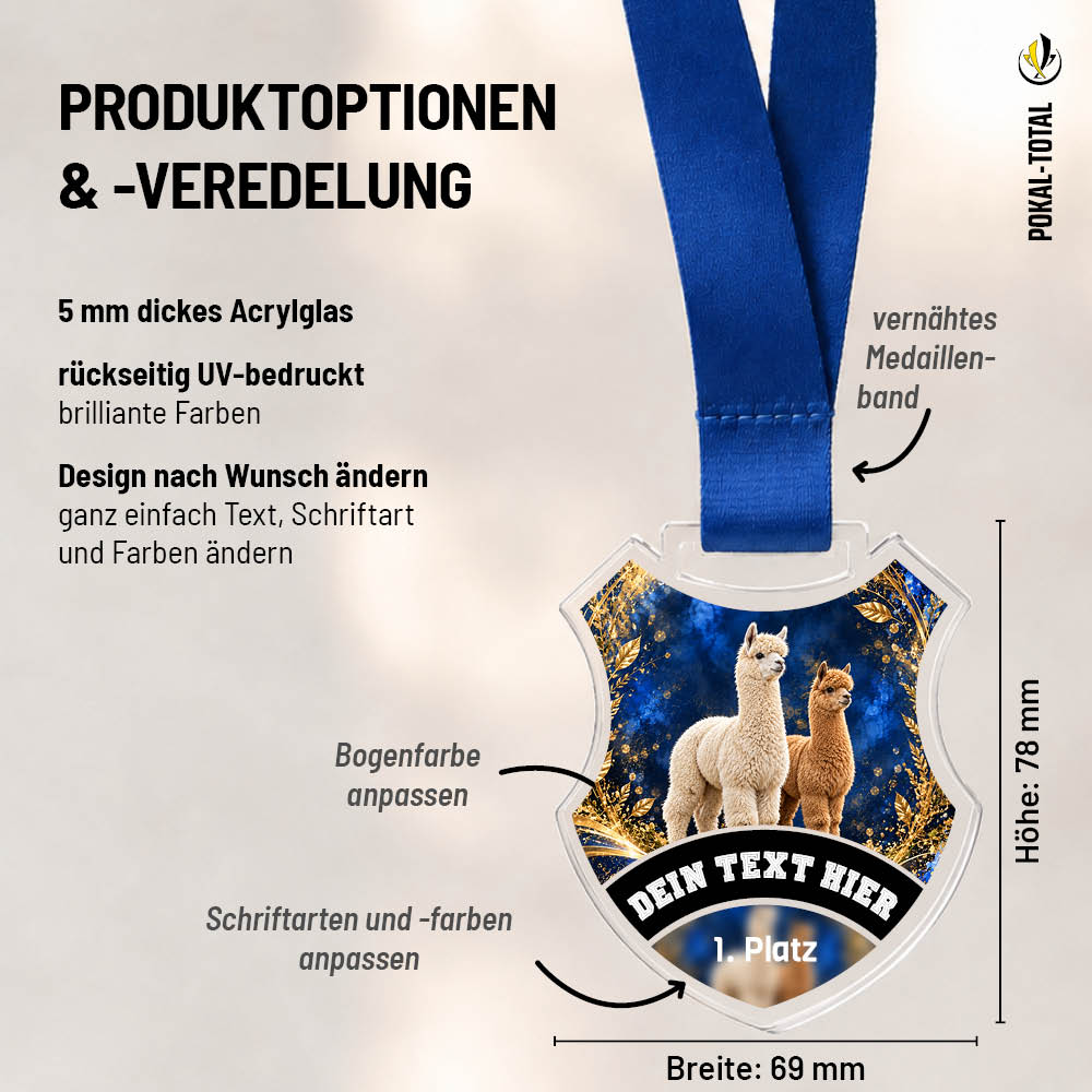Maßübersicht der Wappen Medaille Alpakaschau