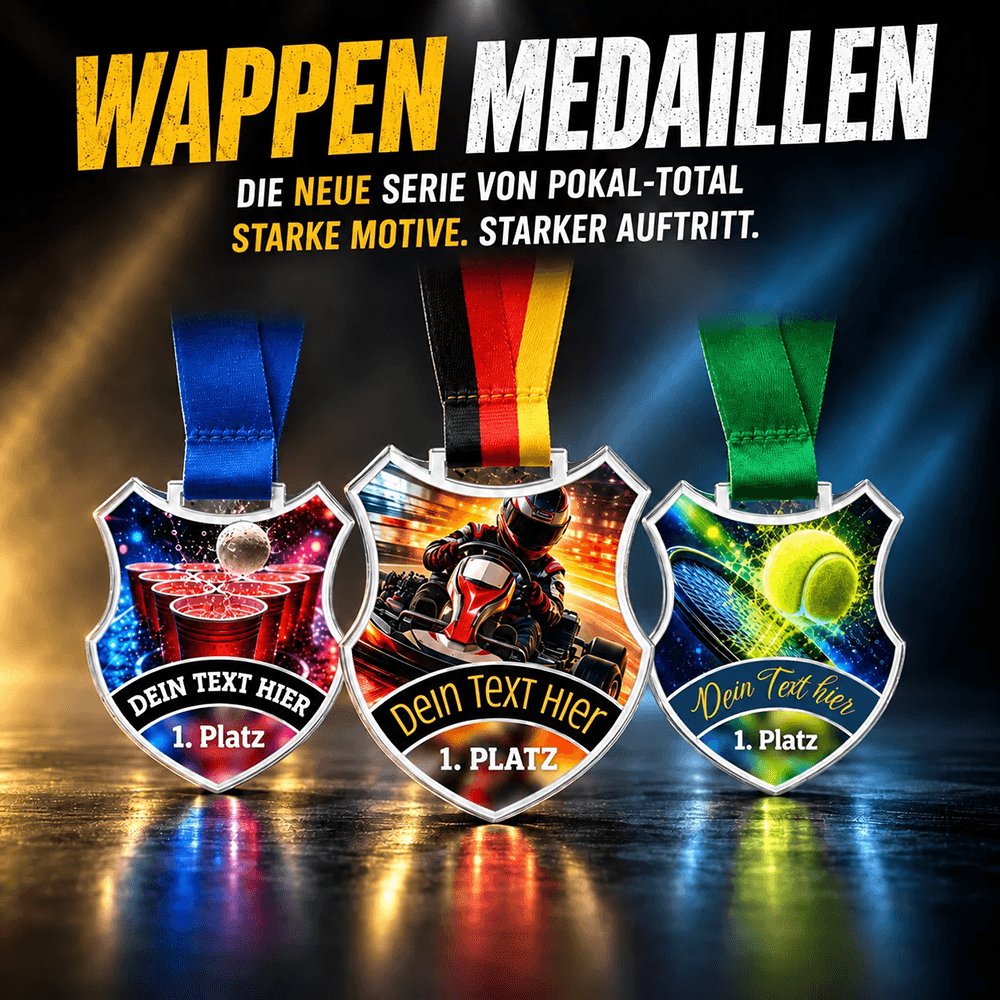 Wappen-Medaillen von Pokal-Total mit Beerpong-, Kart- und Tennismotiven sowie verschiedenfarbigen Bändern